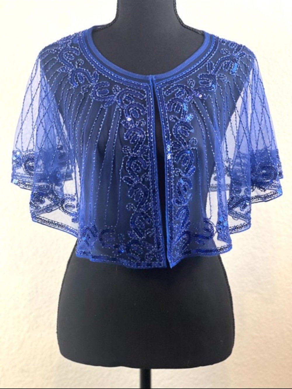 Royal Blue Sequin Embellished 1920s Capelet Evening Shawl Wrap
